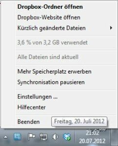 Dropbox im Systray mit Kontextmenü unter Windows