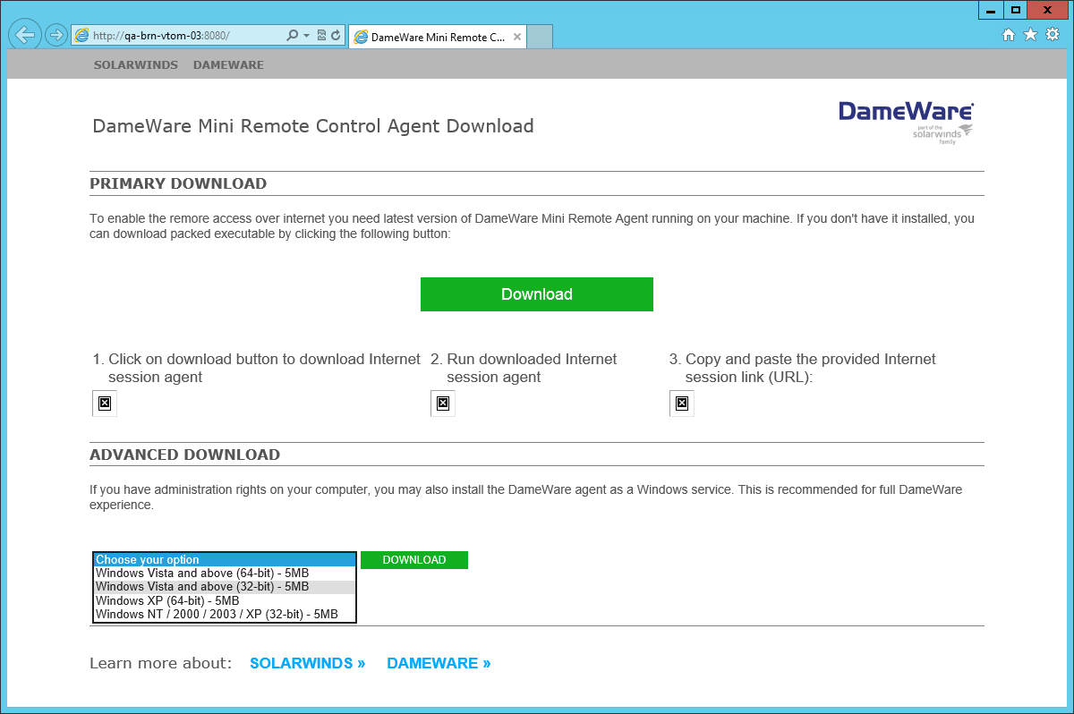 Agent Download page, Solarwinds, DameWare