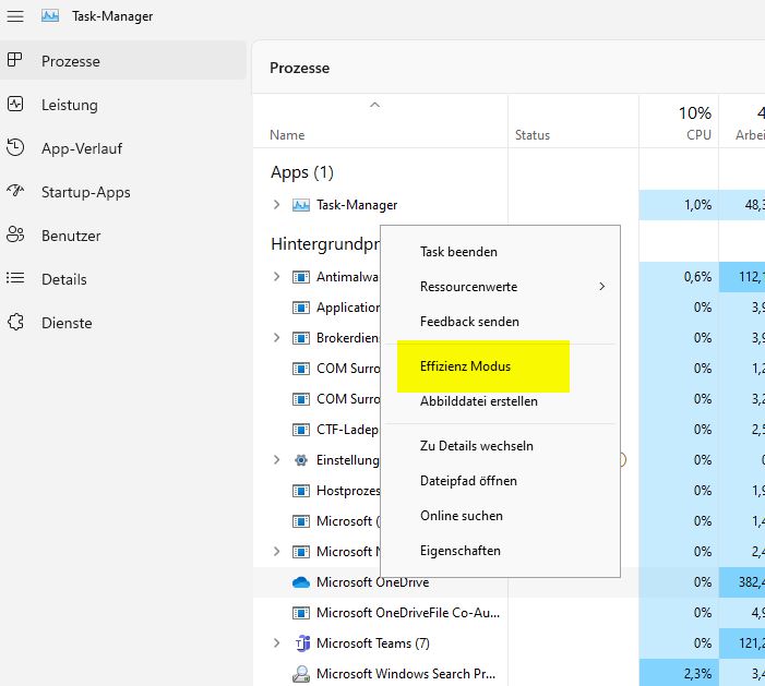 Effizenzmodus in Windows 11 im neuen Task-Manager