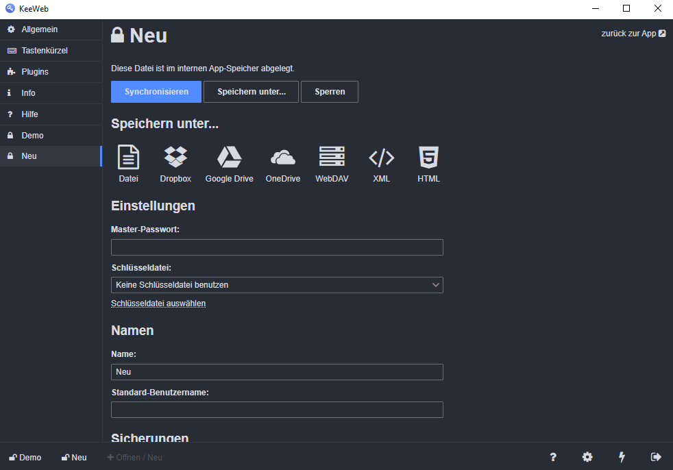 KeeWeb unterstützt auch Cloud-Speicher