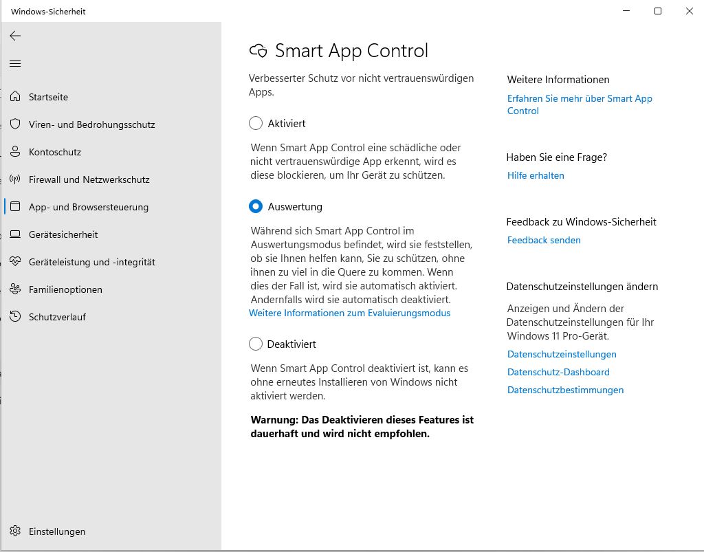 Smart App Control im Auswertemodus