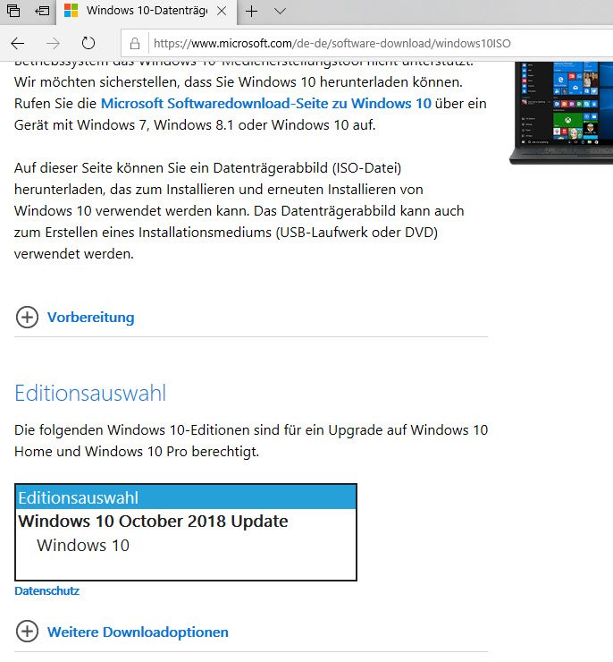 Editionswahl beim download windows 10