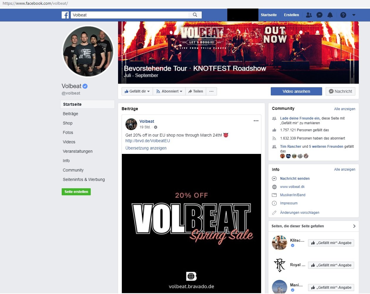 Facebook Seite von Volbeat