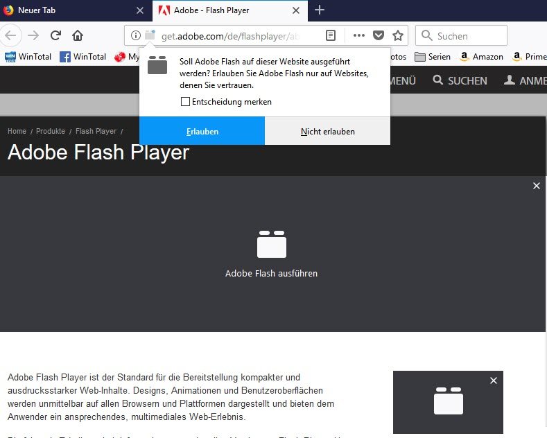 Freigabe von Adobe Flash im Firefox