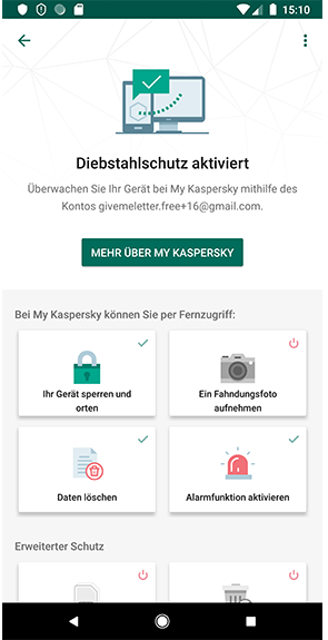 Dienstahlschutz-Funktionen des Kaspersky Internet Security Virenschutz für Android